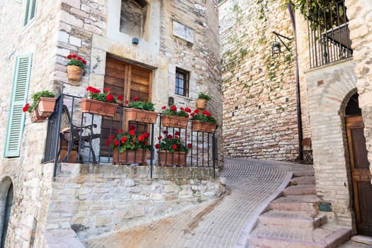 Assisi village in Umbria region, Italy. The town is famous for the most important Italian St. Francis Basilica (Basilica di San Francesco)