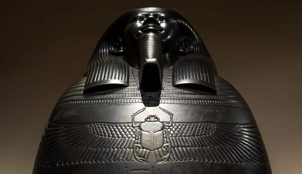 TURIN, ITALY - CIRCA MAY 2021: Egyptian sarchopagus with carved surface and hieroglyphic, 525 B.C.
