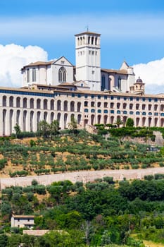 Assisi village in Umbria region, Italy. The most important Italian St. Francis Basilica (Basilica di San Francesco)
