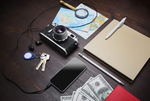 Accessories for travel. Traveler's outfit and vacation items.