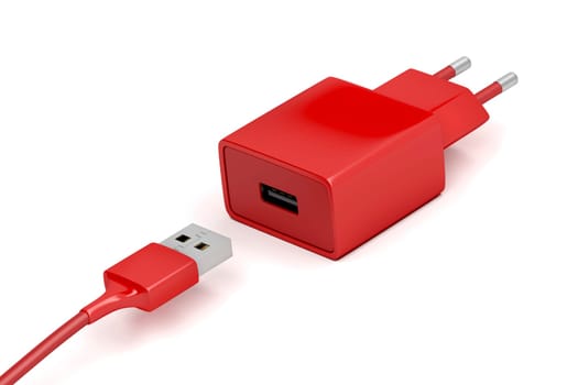 Red power adapter and USB cable on a white background