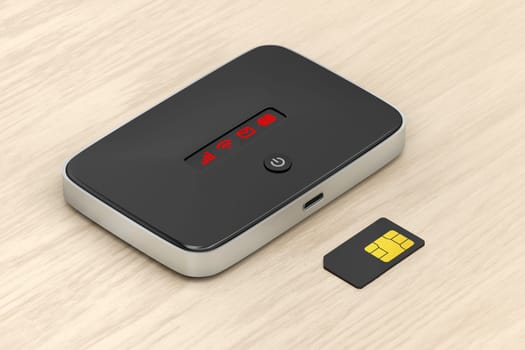5G Wi-Fi mobile router and sim card on wooden desk