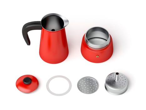 Disassembled moka pot on white background
