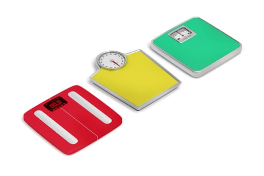 Three different weighing scales on white background