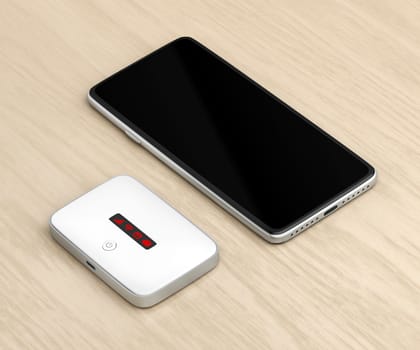 5G mobile wifi router and smartphone on wooden table