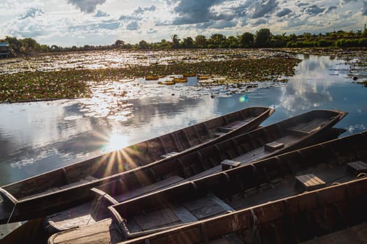 Sunrays on water surface next Wooden Boats in the Pink Lotus Ponds. Old wood boat and red lotus flower in Thailand. Boats float on the surface of a pond at sunset at Thung Bua Daeng Floating Water Market.