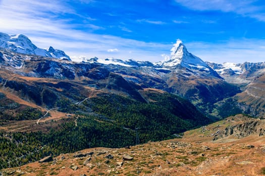 Scenic view of famous alpine peak Matterhorn near Swiss resort town of Zermatt
