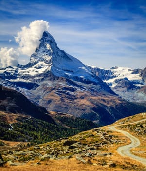 Scenic view of famous alpine peak Matterhorn near Swiss resort town of Zermatt