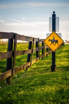 Equestrian crossing road sign by a horse farm in Central Kentucky