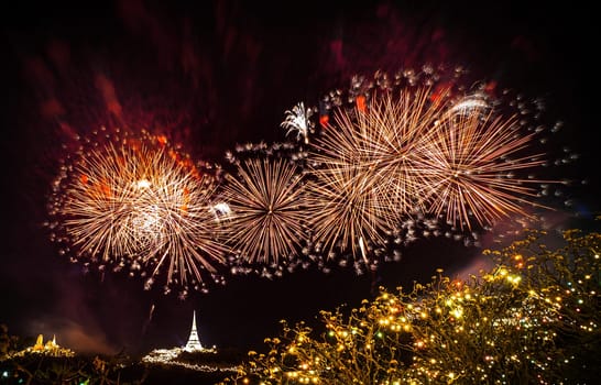 Colorful of fireworks annual on the royal palace at Khao Wang in Phetchaburi. Lighting in the festival at Phra Nakhon Khiri or Khao WangPhra historical park. The colorful of fireworks Thailand