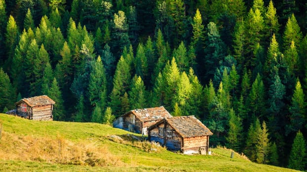 Traditional old barns in a village in the Swiss Alps