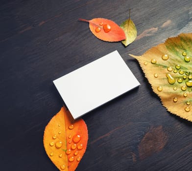 Blank business card and autumn leaves on wood table background.