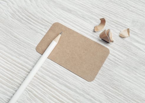 Blank vintage business card and pencil. Branding mock up.