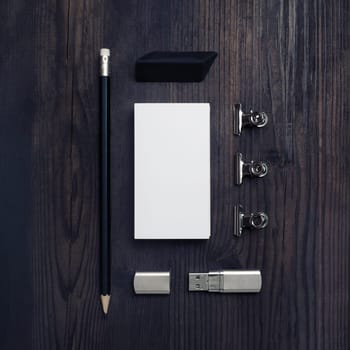 Blank stationery template on wooden background. Mock-up for branding ID. Flat lay.