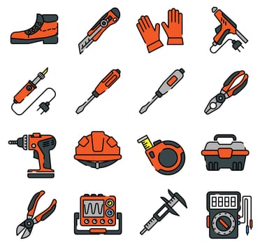 Equipment and outfit of an electrician line icons