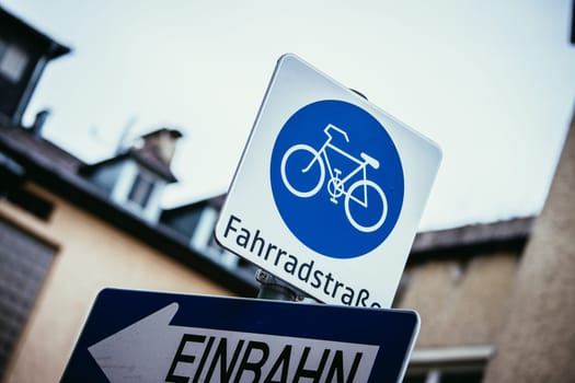 Street sign for cycle path, europe, autumn time