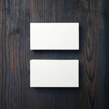 Mockup of blank business cards on wood table background. Top view. Flat lay.