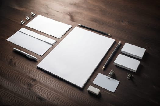 Branding stationery mockup on wooden background. Blank objects for placing your design.