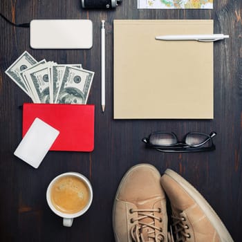 Planning vacation trip. Stuff for travel. Top view. Flat lay.