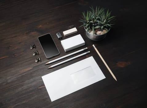 Blank stationery template on wooden background. Mock-up for branding identity. For design presentations and portfolios.