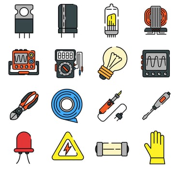 Electrical engineering and electronics repair color line icons