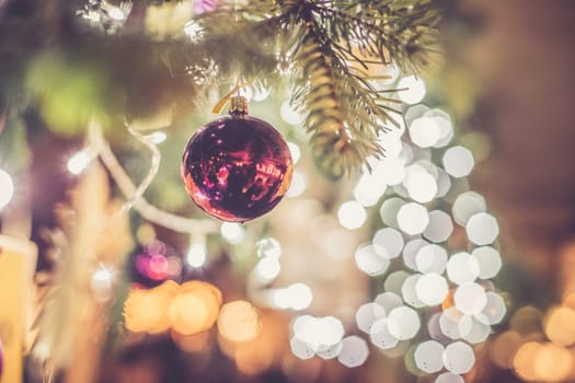 Close up of Christmas decoration on the Christmas market. Christmas bauble.