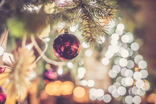 Close up of Christmas decoration on the Christmas market. Christmas bauble.