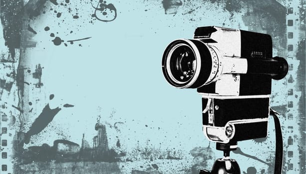 Vintage old movie camera, design graphic with copy space