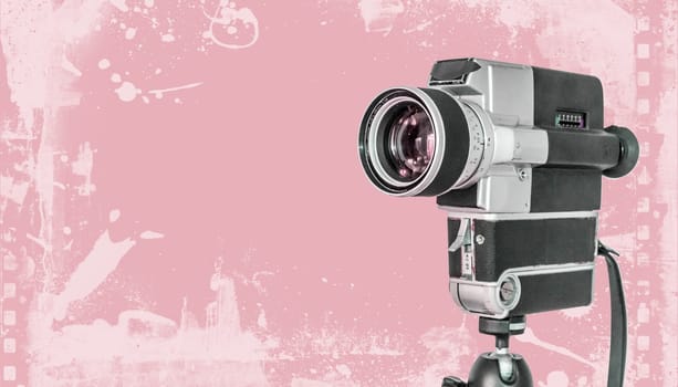 Vintage old movie camera, pink design graphic with copy space