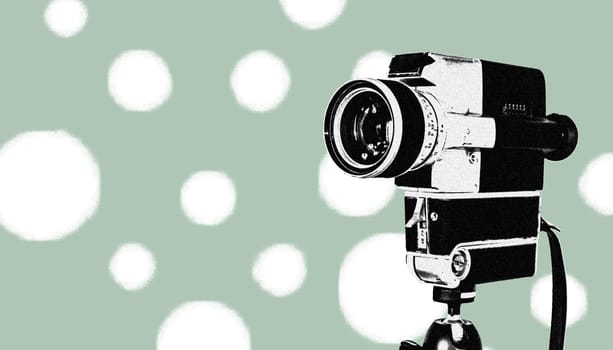 Vintage old movie camera, green design graphic with copy space