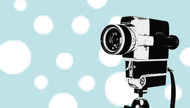 Vintage old movie camera,blue design graphic with copy space