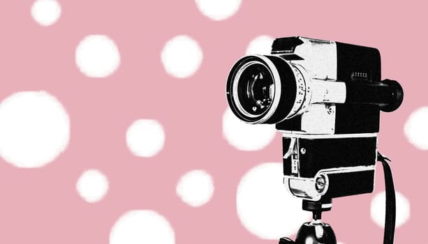 Vintage old movie camera, pink design graphic with copy space