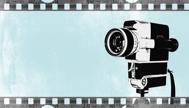 Vintage old movie camera,blue design graphic with copy space