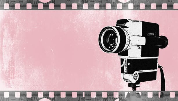 Vintage old movie camera, pink design graphic with copy space
