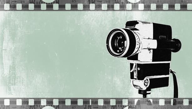 Vintage old movie camera, green design graphic with copy space