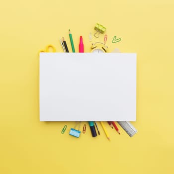 Back to school conceptual flat lay with different office supply objects and copy space area for text. Concept for primary and secondary school pupil. High quality photo