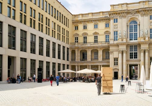 The Schlueterhof in the Humboldt Forum, newly built according to a historical model, with final preparations for the opening