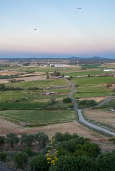 Galisteo, beautiful walled town from Alagon Valley. Countryside overview from east enclosure. Extremadura, Caceres, Spain