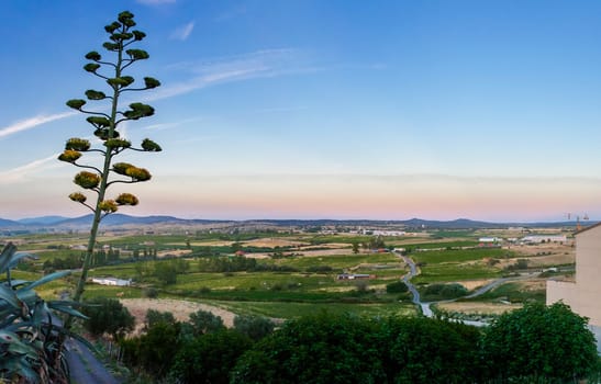 Galisteo, beautiful walled town from Alagon Valley. Countryside overview from east enclosure. Extremadura, Caceres, Spain
