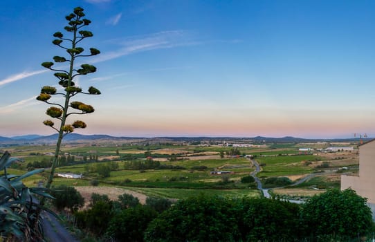 Galisteo, beautiful walled town from Alagon Valley. Countryside overview from east enclosure. Extremadura, Caceres, Spain