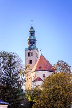Müllner Church in Salzburg, Austria. Blue sky.