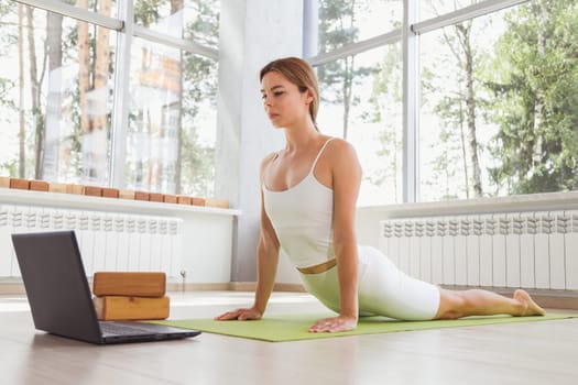 Young fit woman in sportswear doing sport or yoga online with laptop. Remote workouts, online trainer.