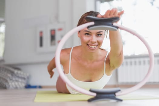 exercises with pilates ring woman aerobics sport gym