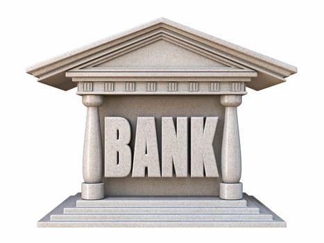 Bank building front view 3D render illustration isolated on white background