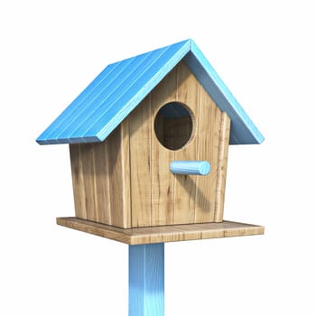 Birdhouse with blue roof 3D render illustration isolated on white background