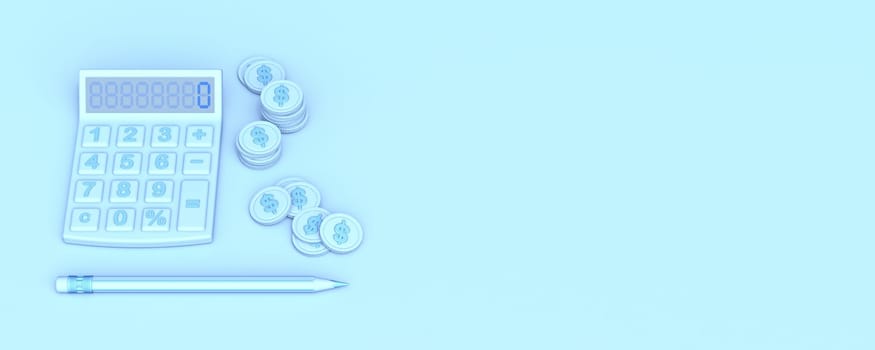 Calculator, pencil and coins 3D render illustration isolated on blue background