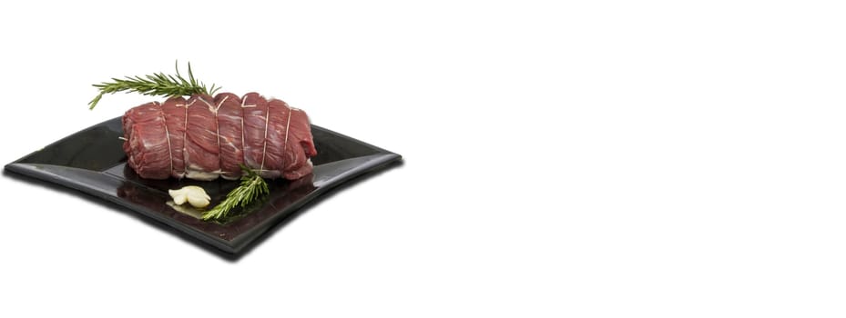 Raw meat dish white background, banner image with copy space