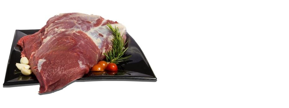 Raw meat dish white background, banner image with copy space