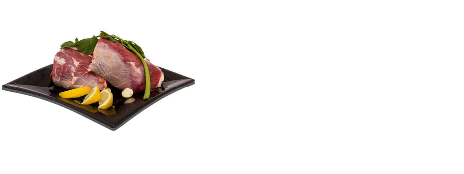 Raw meat dish white background, banner image with copy space