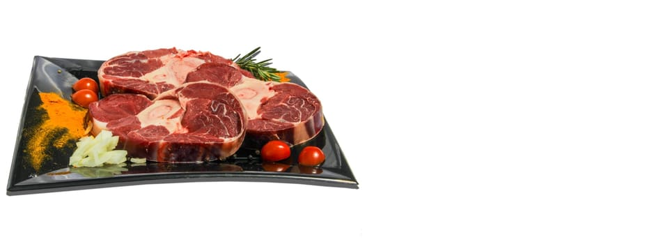 Raw meat dish white background, banner image with copy space